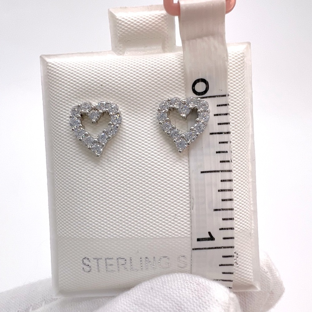 .925 Sterling Silver Open Heart Clear Cz Earrings - Picture 8 of 14